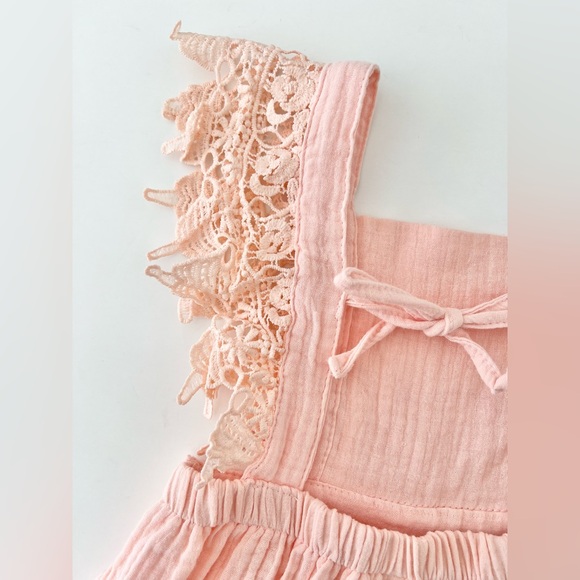 Peach Pink Cotton Linen Lace Trim Overall SunDress | Girls 3-4T - Picture 5 of 9